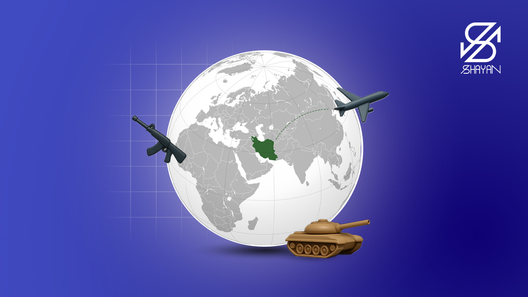 تصویر طراحی شده کره زمین در حالی که نقشه ایران را نشان می‌دهد و نمادهای جنگ ایران و عراق و هواپیمایی که ایران را ترک می‌کند 