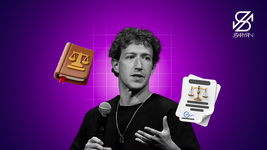 تصویر طراحی شده مارک زاکربرگ به همراه کتاب قانون و ترازوی عدالت در حال صحبت با یک میکروفون 