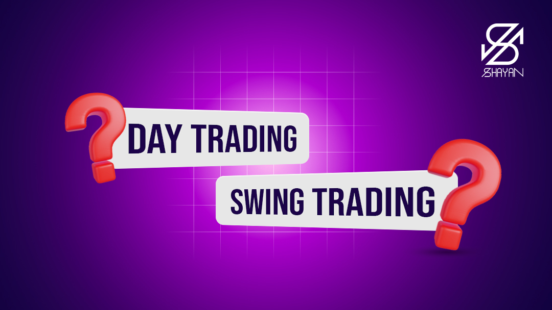 تایپوگرافی دی تریدینگ به همراه تایپوگرافی سوئینگ تریدینگ و دو علامت سوال بزرگ قرمز رنگ روی آن‌ها 