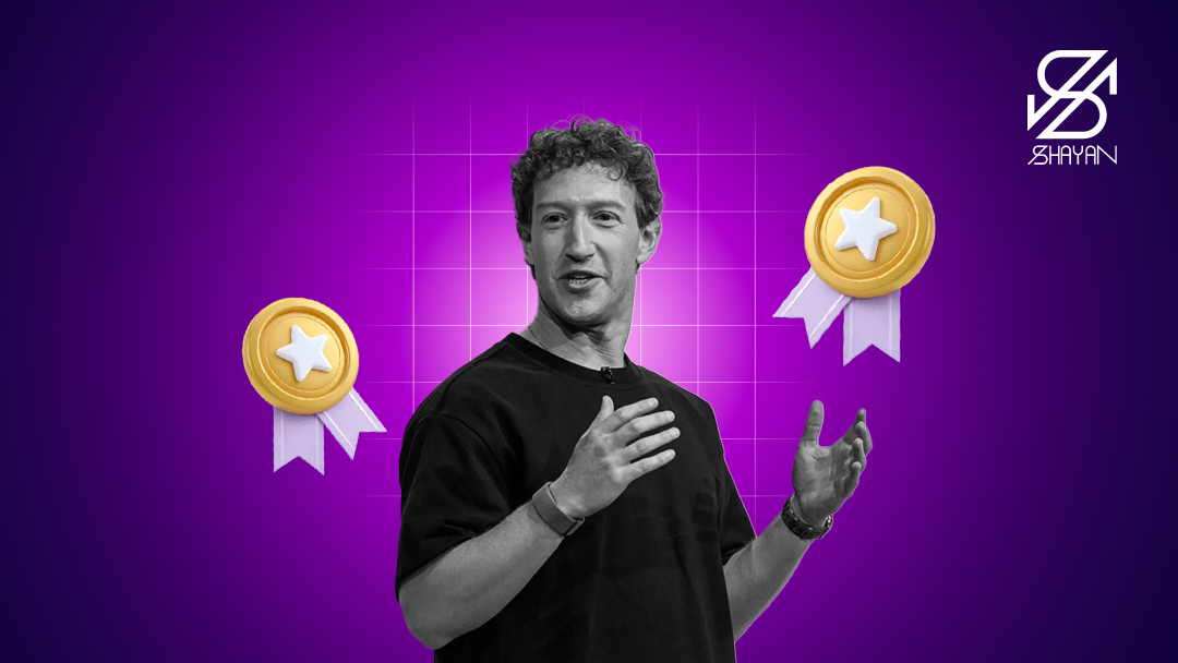 تصویر طراحی شده مارک زاکربرگ در حال صحبت کردن به همراه دو مدال افتخار طلایی رنگ در کنار او 