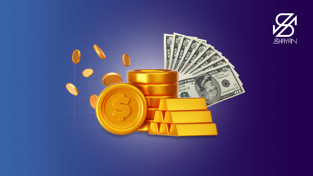 تصویر سکهها و شمشهای طلا به همراه اسکناسهای دلار