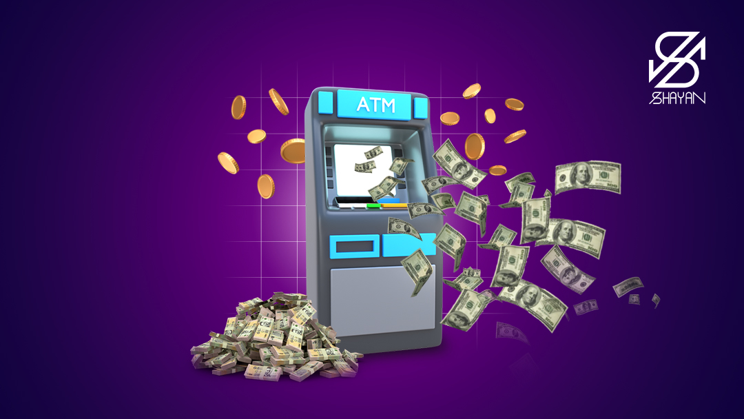 تصویر طراحی شده یکم دستگاه خودپرداز که مقدار زیادی اسکناس از آن بیرون می‌ریزد 