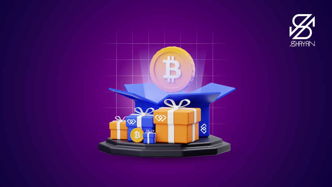 تصویر چند جعبه هدیه که روی آن‌ها لوگوی صرافی ویکس حک شده و یک سکه بیت کوین بزرگ از آن‌ها بیرون آمده است 