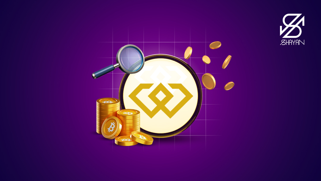 لوگوی صرافی ویکس در حالی که یک ذره بین برای معرفی روی آن انداخته شده است به همراه ستونی از سکه‌های بیت کوین در کنار آن 