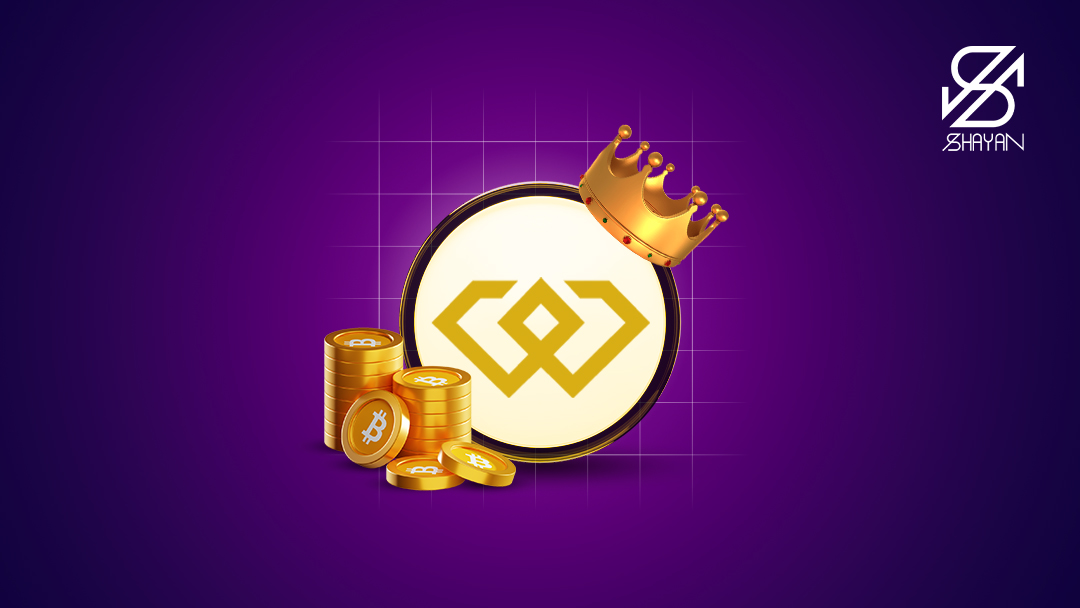 لوگوی صرافی ویکس در حالی که یک تاج طلایی روی سر دارد و ستونی از سکه‌های بیت کوین در کنار آن 