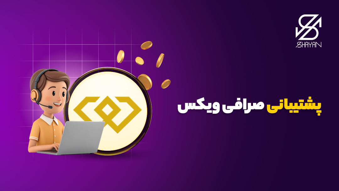 تصویر طراحی شده آدمکی با یک هدفون روی گوش مشغول پاسخگویی به سوالات کاربران صرافی ویکس به همراه لوگوی این صرافی و تیتر 