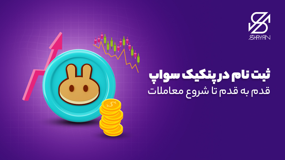 تصویر طراحی شده لوگوی صرافی پنکیک سواپ به همراه سکه های ارز دیجیتال و نمودارهای ترید 