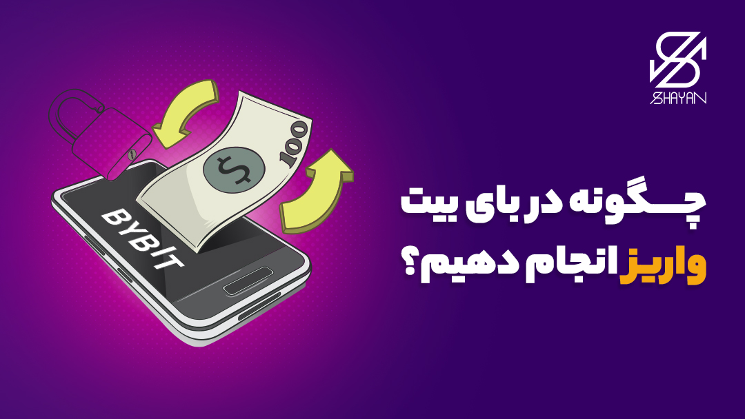 تصویر طراحی شده اسکناسی که برای واریز در صرافی بای بیت داخل صفحه موبایل می‌رود به همراه یک قفل و تیتر 