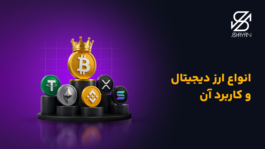 تصویر طراحی شده لوگوی مهمترین ارزهای دیجیتال در حالی که بیت موین یک تاج طلایی روی سر دارد به همراه تیتر