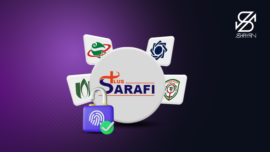 لوگوی صرافی پلاس به همراه لوگوی نهادهار نظارتی و یک قفل آبی رنگ با اثر انگشت روی آن 