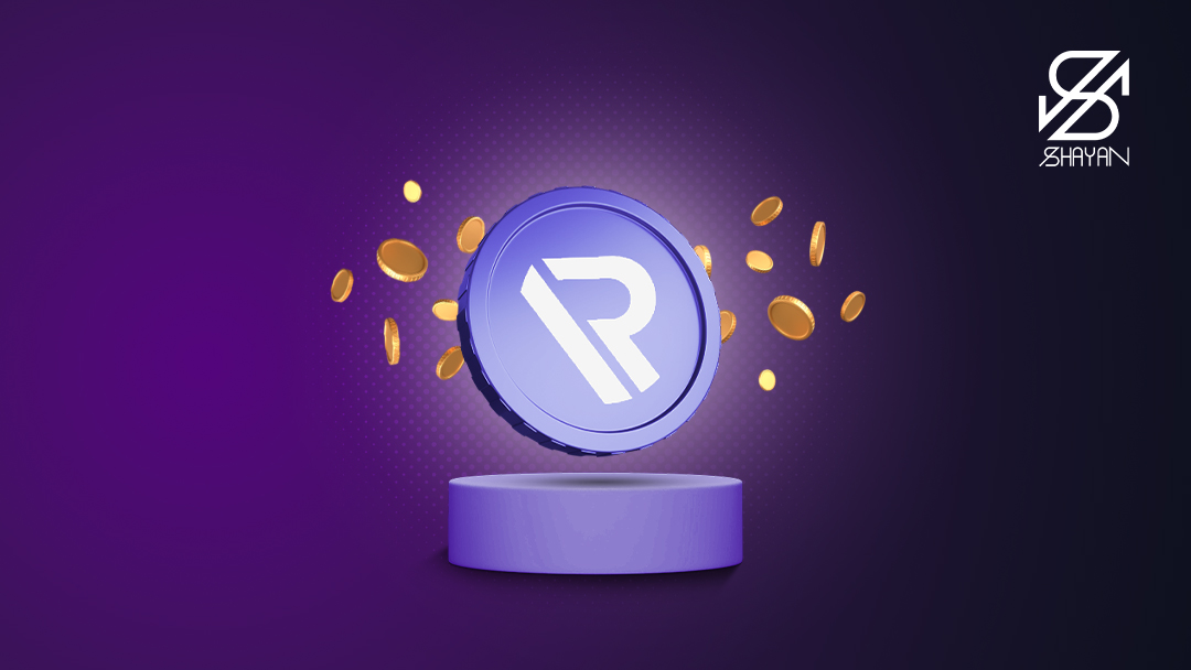 تصویر طراحی شده لوگوی صرافی ریون اکس روی یک سکو به همراه سکههای طلا در پس زمینه