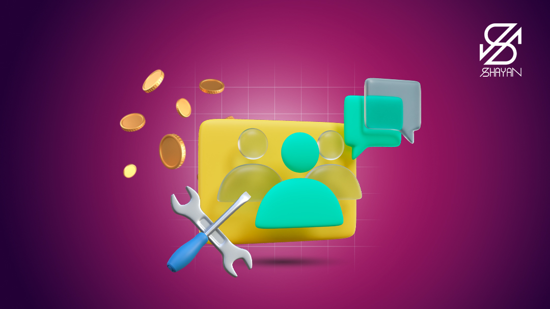 تصویر طراحی شده از آدمکهایی که به عنوان پشتیبانهای صرافی تاپ چنج مشغول پاسخگویی به سوالات کاربران هستند به همراه یک آچار و پیچگوشتی در کنار آن