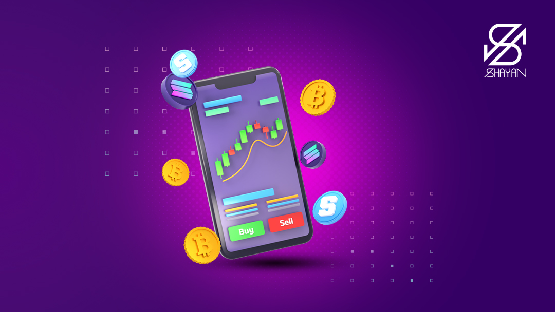 تصویر طراحی شده نمودارهای تریدینگ صرافی کوین کده در صفحه موبایل به همراه دکمه خرید و فروش 