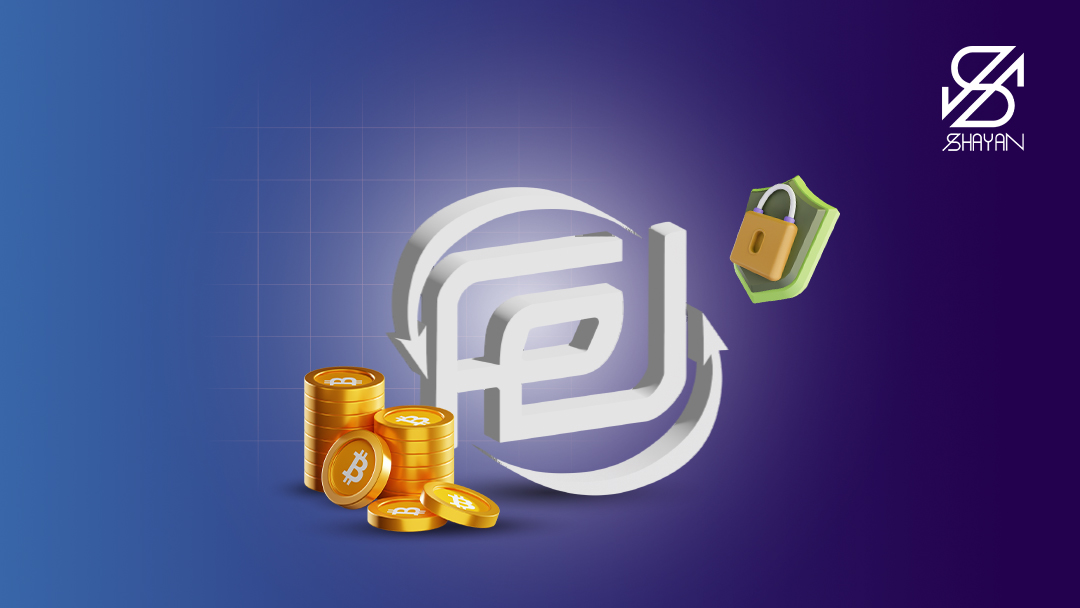 لوگوی صرافی افکس به همراه یک قفل و نماد امنیت در کنار آن و سکه‌های بیت کوین 