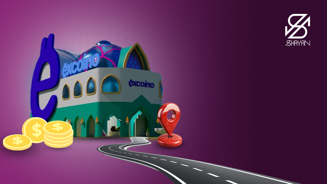 تصویر طراحی شده یک ساختمان به همراه یک نماد لوکیشن در کنار آن که نشان دهنده ساختمان صرافی اکسکوینو در تهران است به همراه لوگوی این صرافی