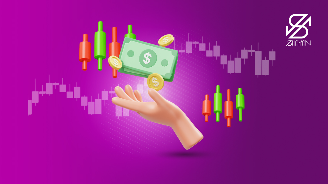 تصویر طراحی شده دستی که مقداری اسکناس و سکه را به هوا پرت کرده است به همراه نمودارهای تریدینگ در بیت مارت در پس زمینه 