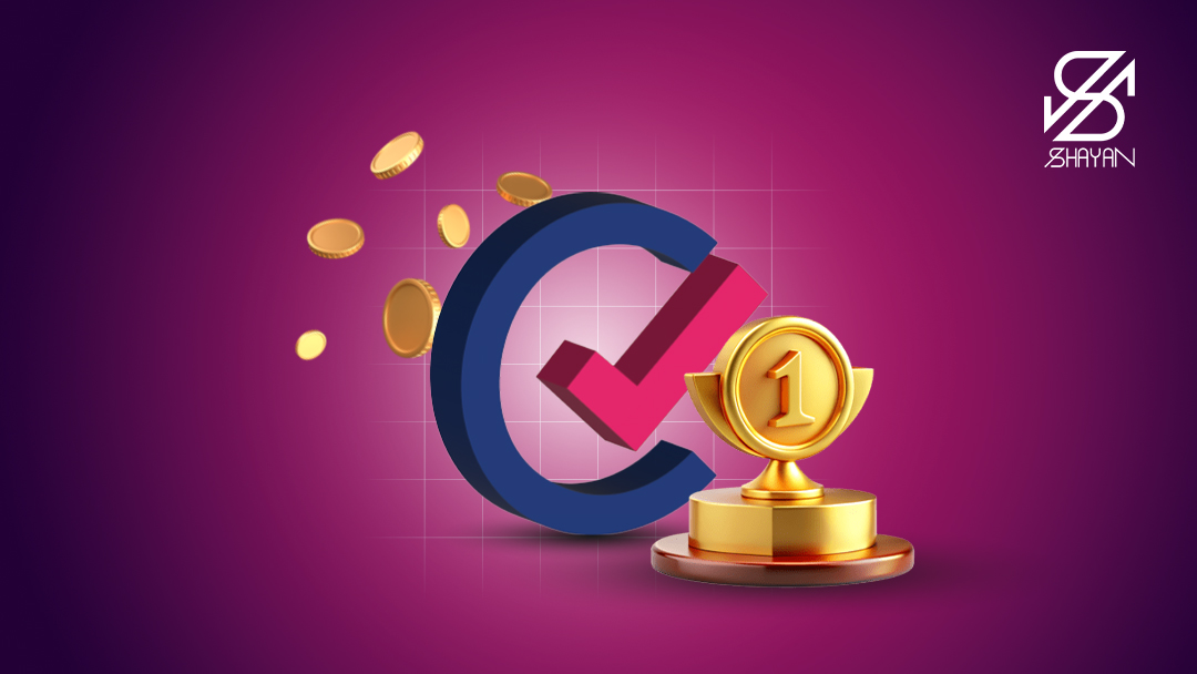 لوگوی صرافی تاپ چنج با یک کاپ قهرمانی جلوی آن به همراه سکههایی در اطرافش