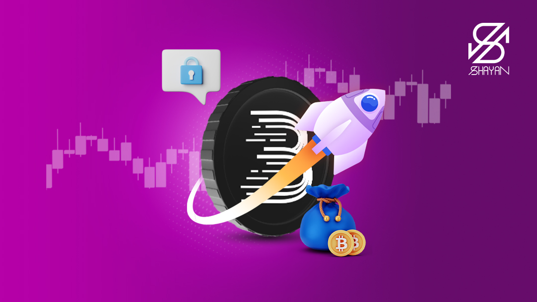 تصویر طراحی شده لوگوی صرافی بیت مارت و موشک موفقیت این صرافی که به آسمان می‌رود به همراه کیسه‌ای از سکه‌های بیت کوین در کنار آن 