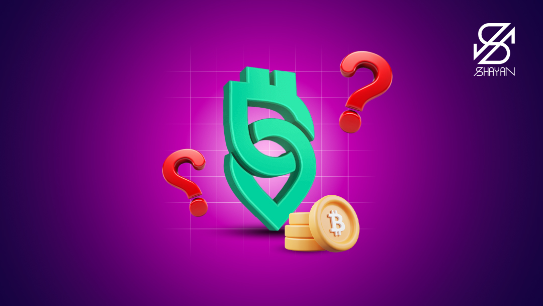 لوگوی صرافی ارزینجا به همراه دو علامت تعجب قرمز رنگ در کنار آن و سکه‌های بیت کوین 