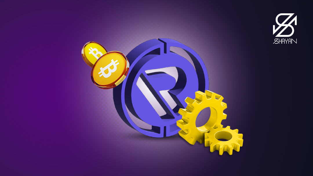 تصویر طراحی شده چرخدندههایی که لوگوی صرافی ریون اکس را به حرکت در میآورند به همراه سکههای طلایی رنگ بیت کوین