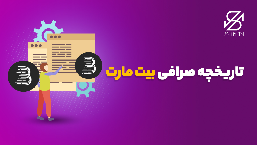 تصویر طراحی شده از صفحات وب قدیمی و آدمکی که در حال بررسی تاریخچه صرافی بیت مارت است به همراه تیتر 