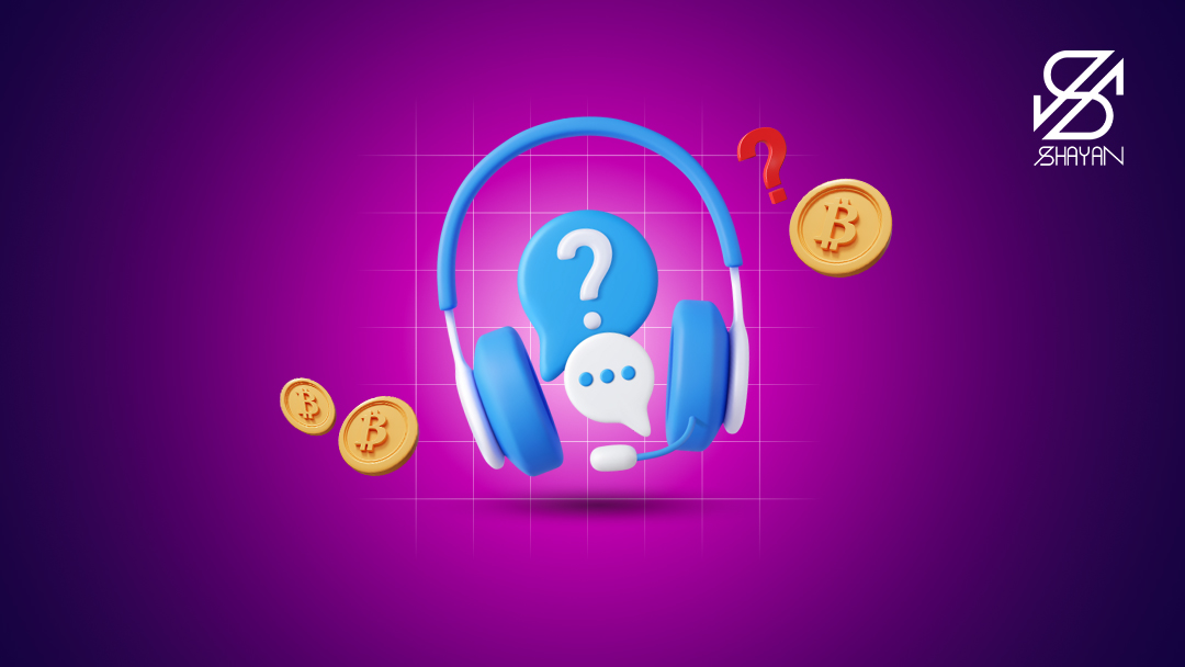 تصویر طراحی شده یک هدفون بزرگ که روی یک علامت سوال گذاشته شده و مشغول رسیدگی به سوالات کاربران صرافی ارزینجا است 