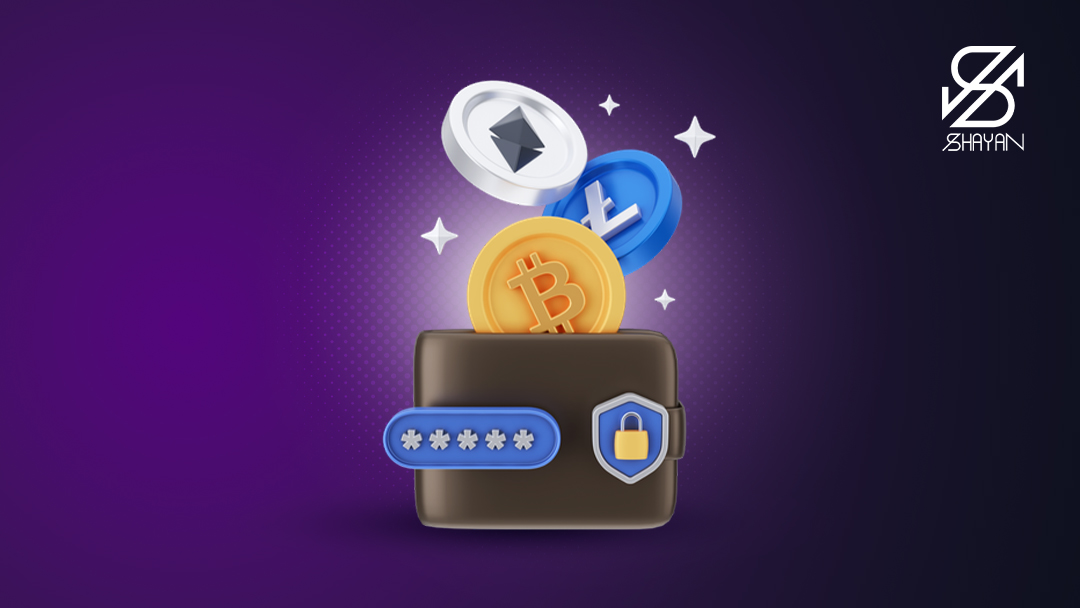 تصویر طراحی شده یک کیف پول که قفل طلایی رنگ روی آن قرار دارد و سکههای ارزهای دیجیتال اتریوم، بیت کوین و تتر وارد آن میشوند