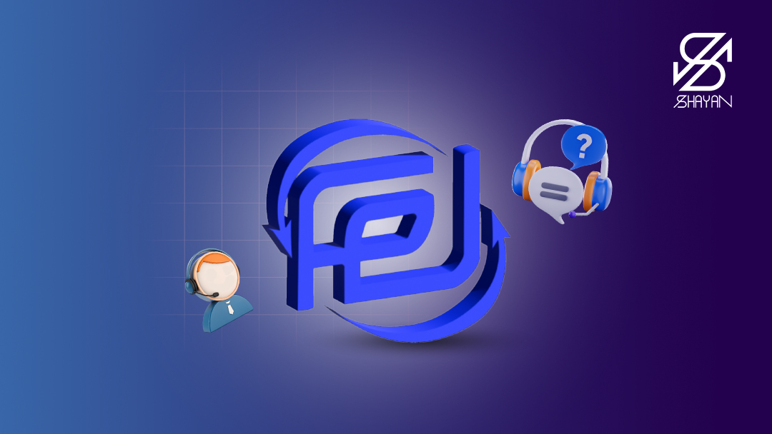 تصویر طراحی شده لوگوی صرافی افکس به همراه نمادهای مربوط به پشتیبانی و آدمکی که در حال پاسخگویی به سوالات است 