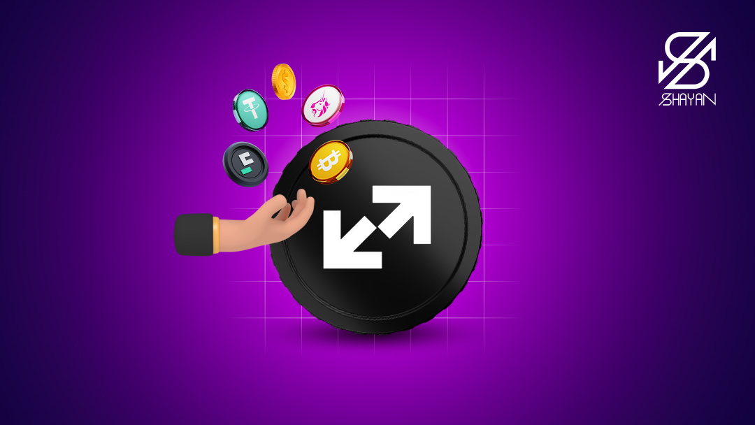 لوگوی صرافی صرفکس به همراه دستی که لوگوی برخی از مهمترین رمزارزها را در اختیار گرفته است 