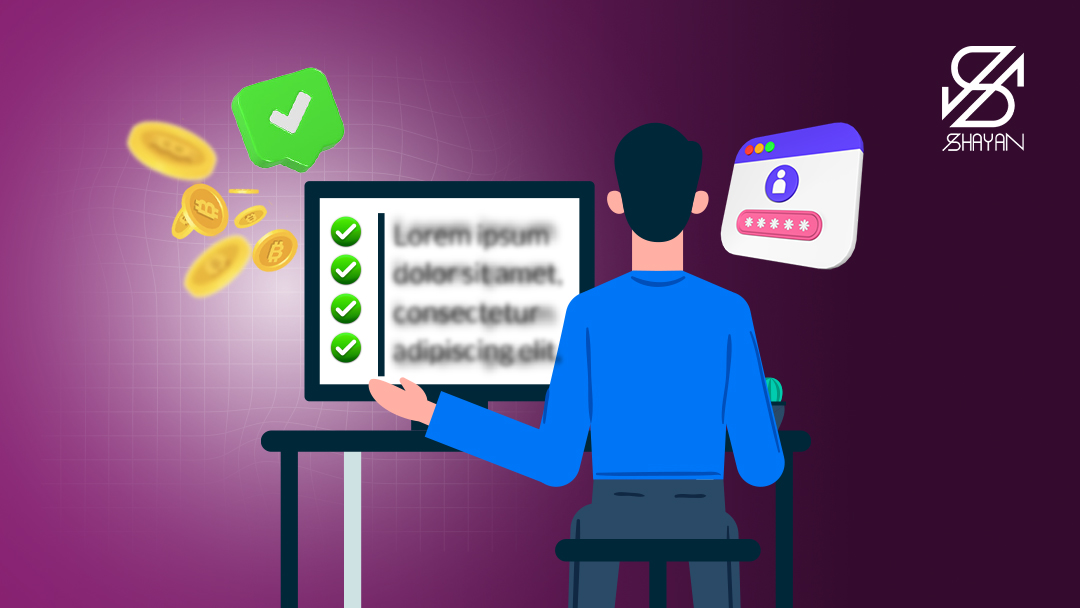 تصویر طراحی شده آدمکی که پشت لپتاپ نشسته و چک لیستی را در سایت صرافی اکسکوینو چک میکند