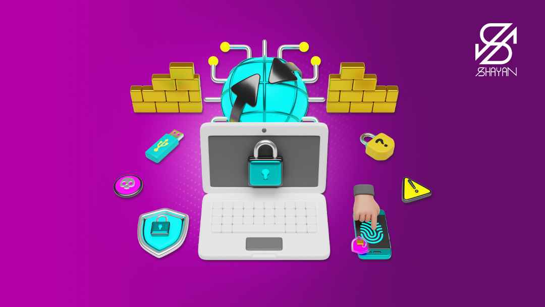 تصویر طراحی شده صفحه لپتاپ به همراه یک قفل بزرگ امنیت روی آن و دیگر نمادهای امنیتی صرافی بیت مارت مثل اثر انگشت 