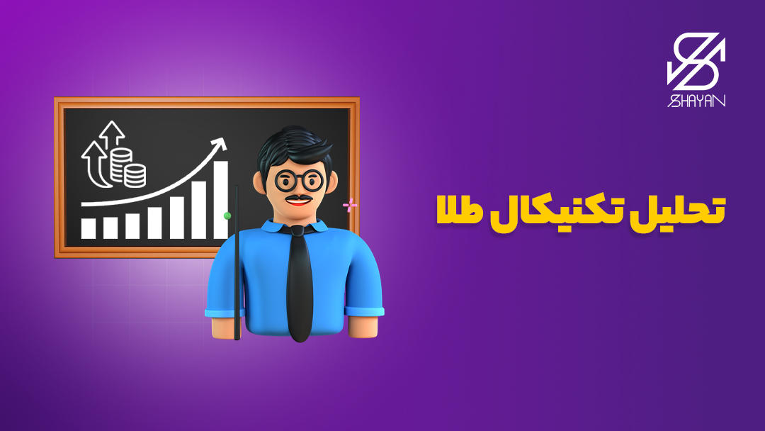 تصویر طراحی شده آدمکی که پای تخته تدریس ایستاده و مشغول تدریس نمودارهای تحلیل قیمت طلا است به همراه تیتر 