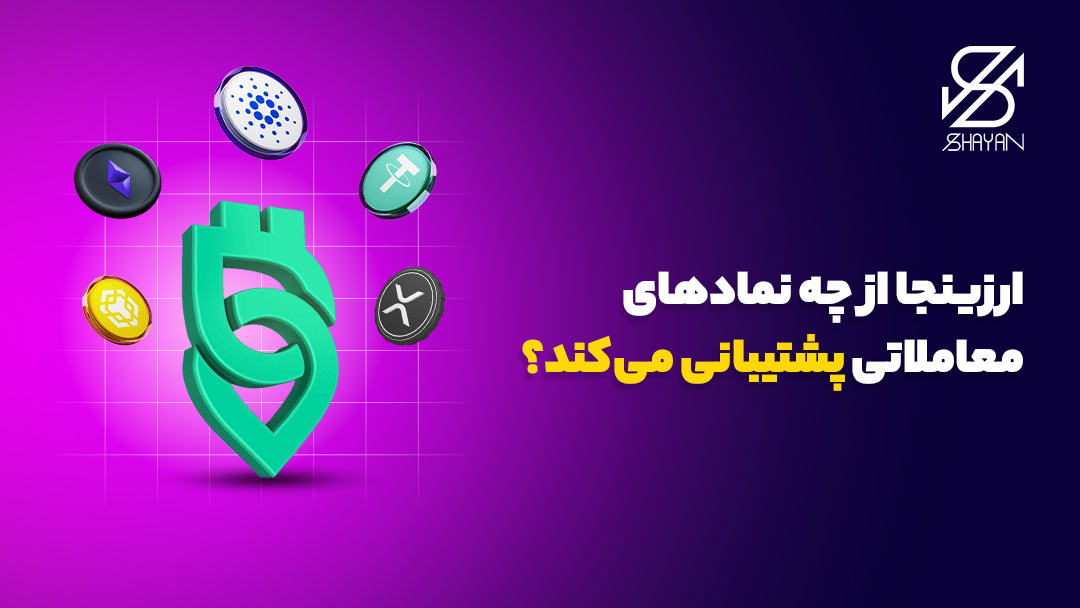 لوگوی صرافی ارزینجا به همراه لوگوی مهمترین ارزهای دیجیتال و تیتر 