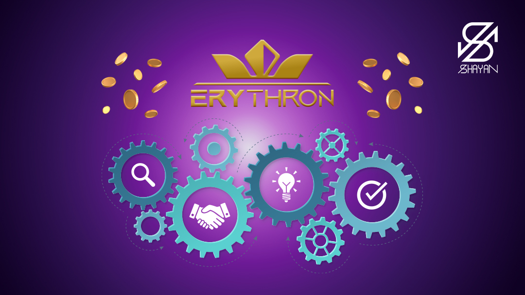 تصویر طراحی شده چرخ‌دنده‌هایی که هر کدام نماد یکی از امکانات صرافی اریترون هستند به همراه لوگوی این صرافی در بالای آن‌ها 