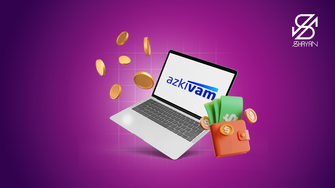 تصویر طراحی شده لوگوی از کی وام روی صفحه لپتاپ به همراه سکه‌ها و یک کیف پول حاوی اسکناس در کنار آن 
