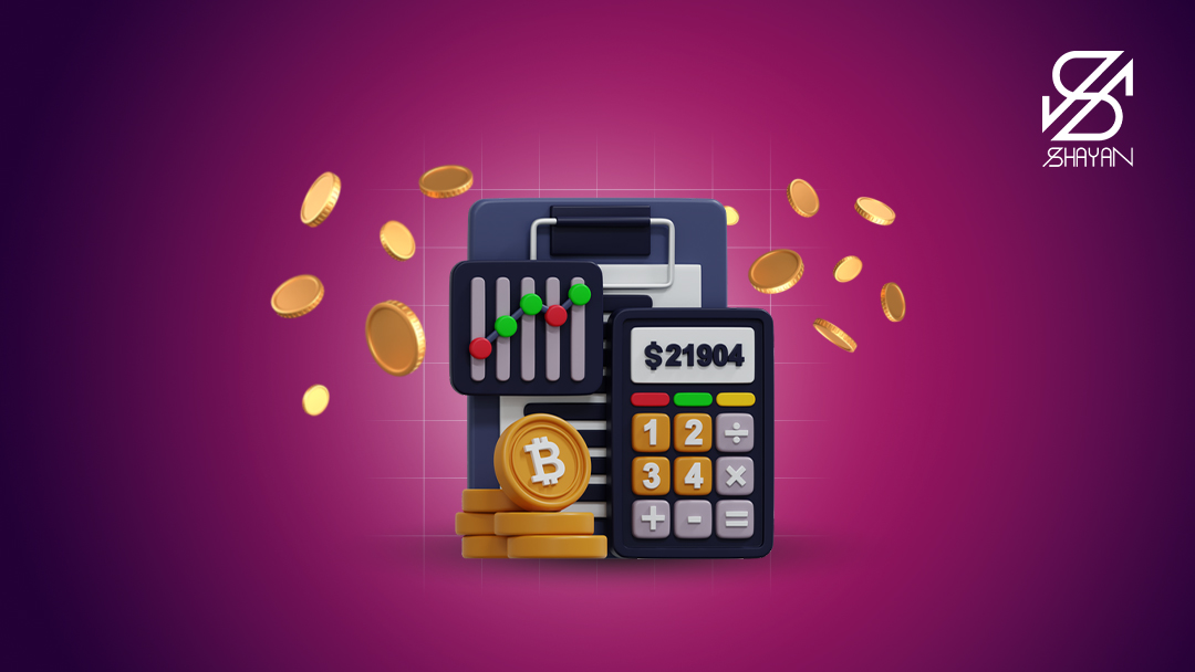 تصویر طراحی شده یک ماشین حساب در حال محاسبه کارمزد صرافی تاپ چنج به همراه نمودارهای تریدینگ و سکههای بت کوین