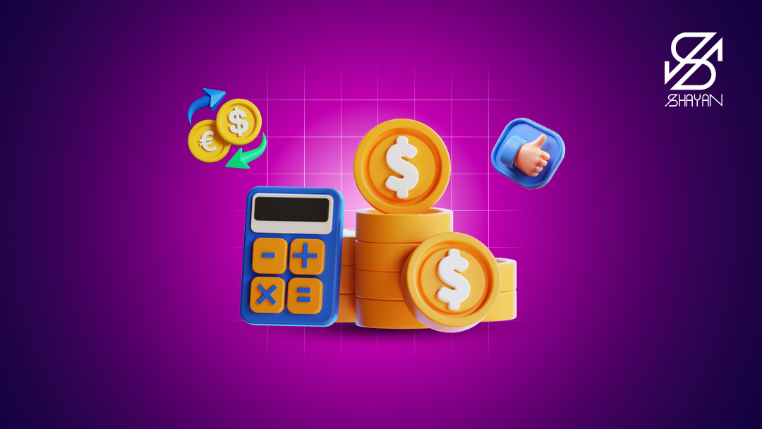 تصویر طراحی شده یک ماشین حساب در کنار سکه‌های ارز دیجیتال برای محاسبه کارمزد صرافی ارزینجا 