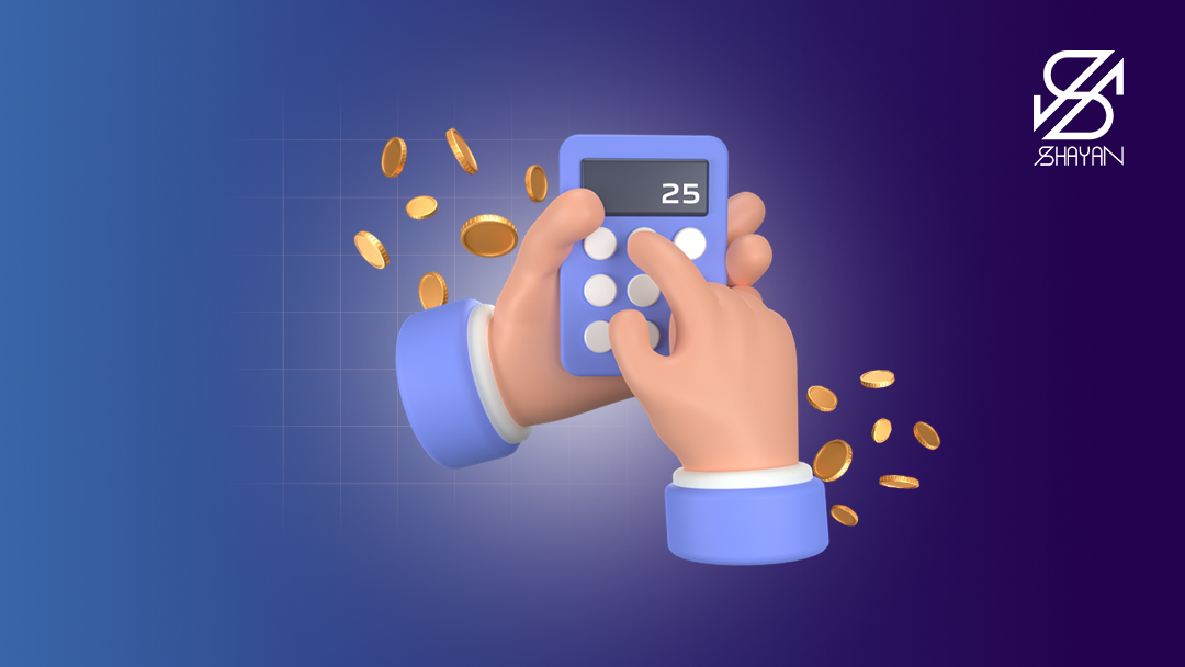 تصویر طراحی شده دستانی که با یک ماشین حساب در حال محاسبه کارمزدهای صرافی افکس هستند و سکه‌های ارز دیجیتال در پس زمینه 