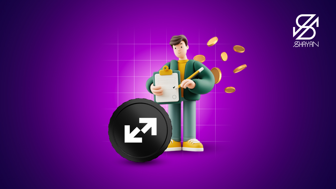 تصویر طراحی شده آدمکی در حال پر کردن فرم ثبت نام در صرافی صرافکس به همراه سکه‌های ارز دیجیتال در پس زمینه 