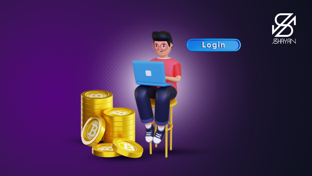 تصویر طراحی شده آدمکی که با لپتاپ مشغول ثبت نام در صرافی ریون اکس است به همراه ستونی از سکههای طلایی رنگ بیت کوین در کنار او