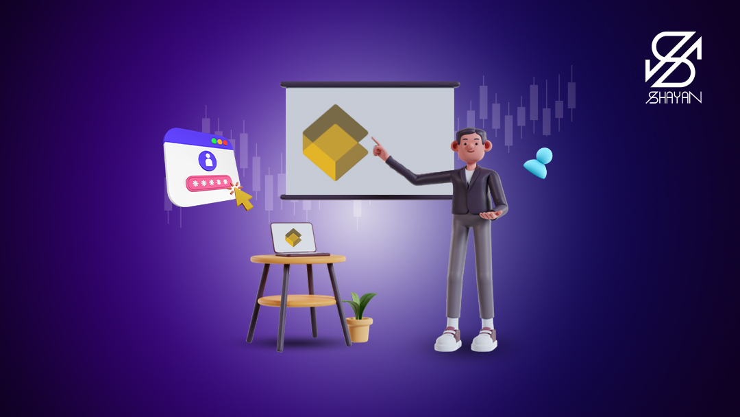 تصویر طراحی شده آدمکی که پای تخته تدریس ایستاده و برای ثبت نام به لوگوی صرافی صراف اشاره می‌کند 