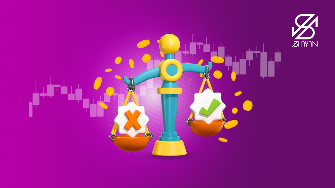 تصویر طراحی شده ترازویی که با تیک سبز رنگ و ضربدر قرمز رنگ در حال سنجیدن مزایا و معایب صرافی بیت مارت است 