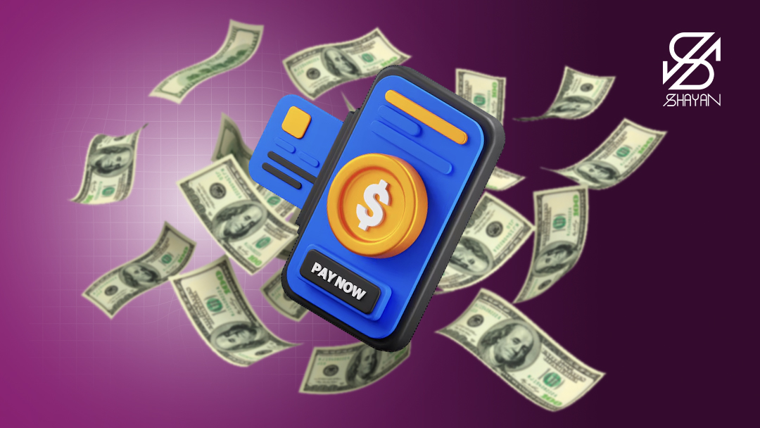 تصویر طراخی شده صفحه موبایل که نماد دلار روی آن است بههمراه اسکناسهای دلار در اطرافش و دکمه شروع