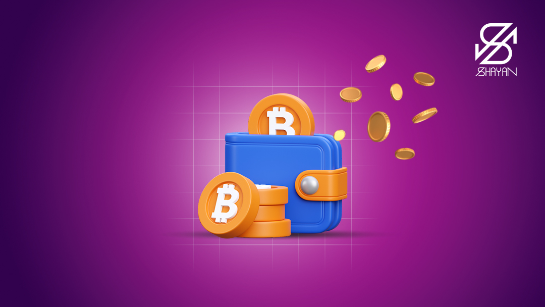 تصویر طراحی شده یک کیف پول که سکه‌های بیت کوین و ارزهای دیجیتال به آن وارد می‌شوند 