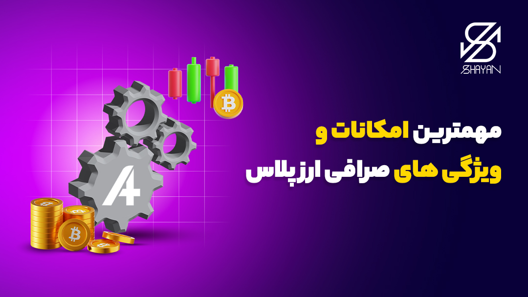 تصویر طراحی شده چرخ دنده‌هایی که لوگوی صرافی ارز پلاس را به حرکت در می‌آورند به همراه نمودارهاو سکه‌های بیت کوین در اطراف آن 
