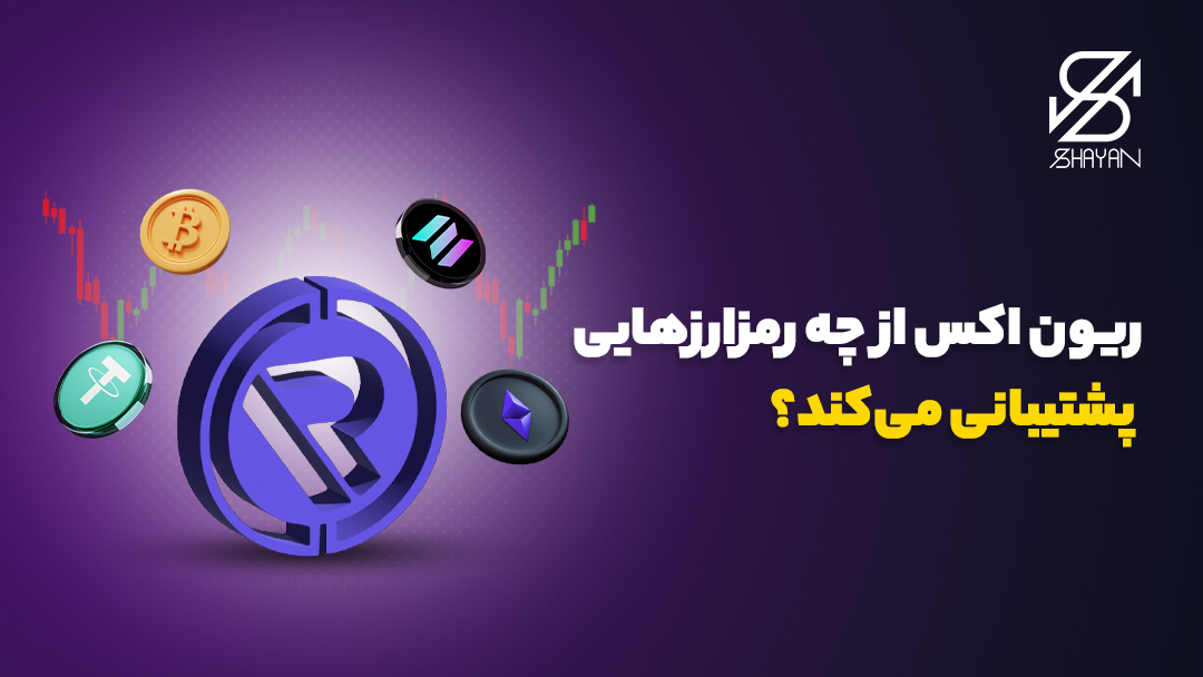 لوگوی صرافی ریون اکس به همراه لوگوی مهمترین رمزارزها در اطراف آن و تیتر