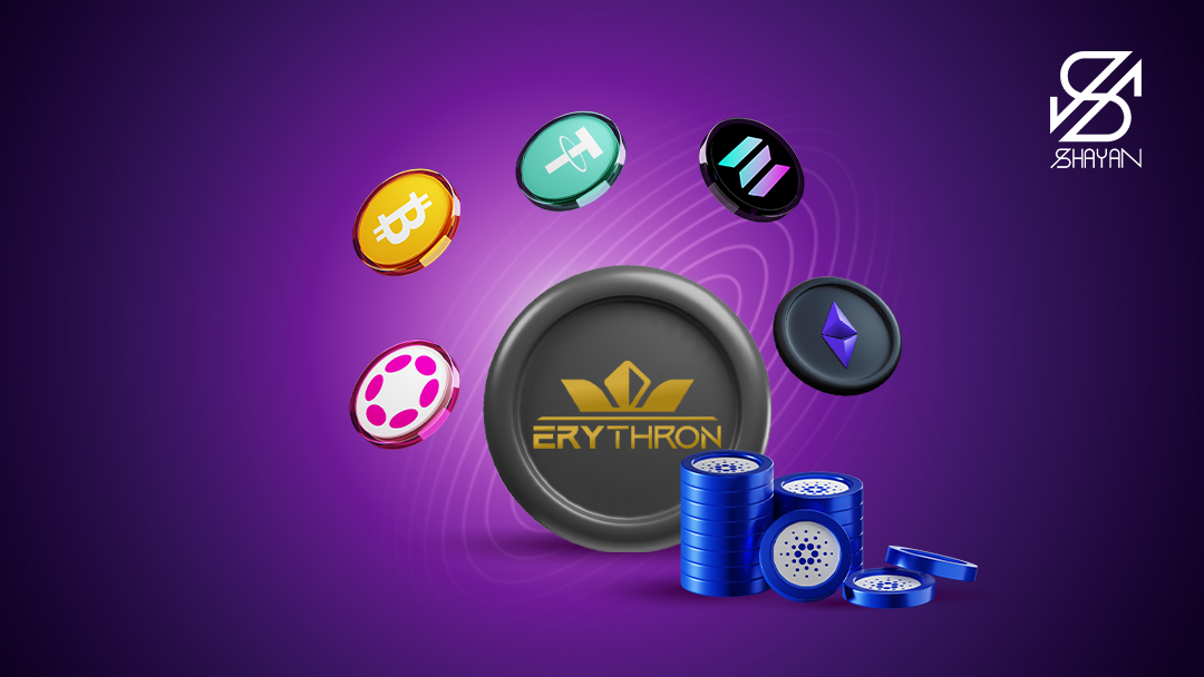 لوگوی صرافی اریترون به همراه لوگوی برخی از مهمترین رمزارزهایی که در این صرافی پشتیبانی می‌شوند 
