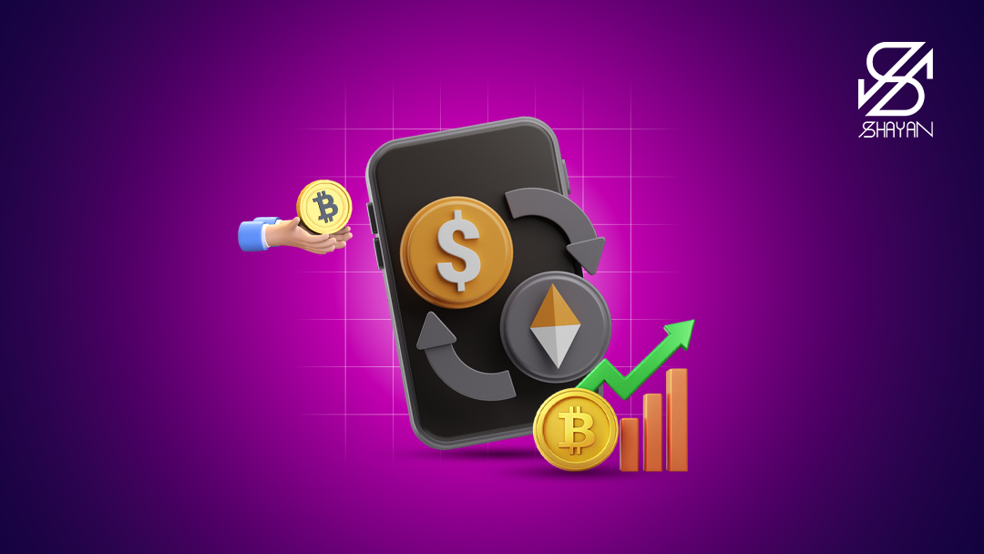 تصویر طراحی شده نمادهای خرید و فروش در صرافی ارزینجا به همراه نمودار رو به رشد تریدینگ 