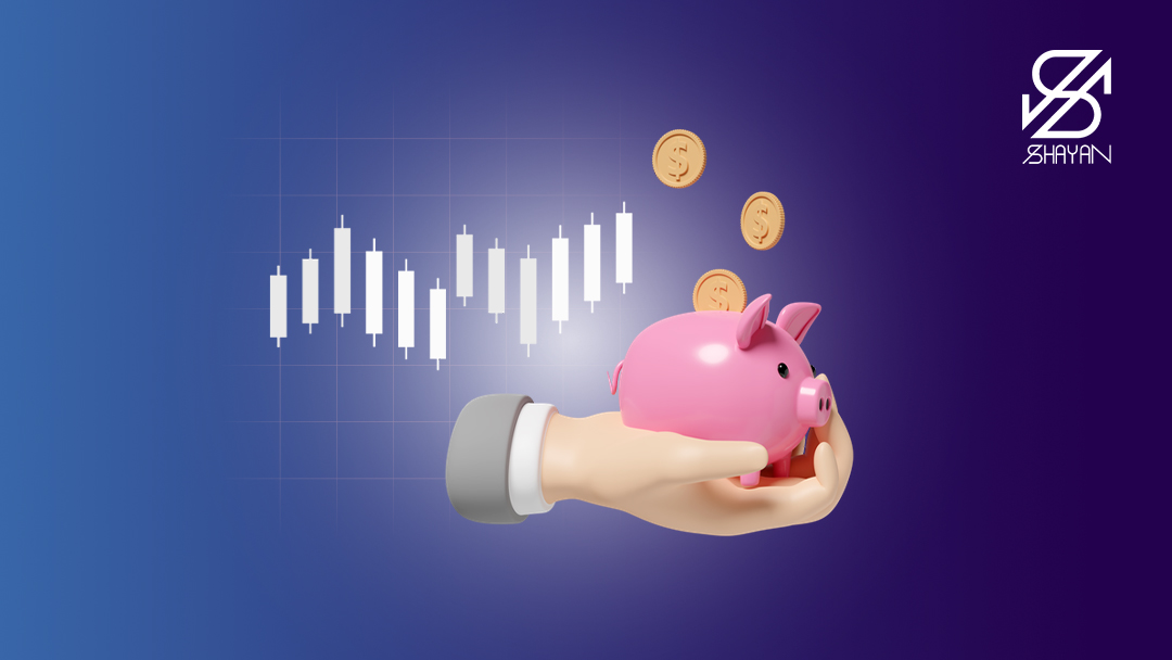 تصویر طراحی شده دستی که یک قلک را در اختیار دارد و سکه‌ها وارد آن می‌شوند به همراه نمودارهای رو به رشد تریدینگ در صرافی افکس 