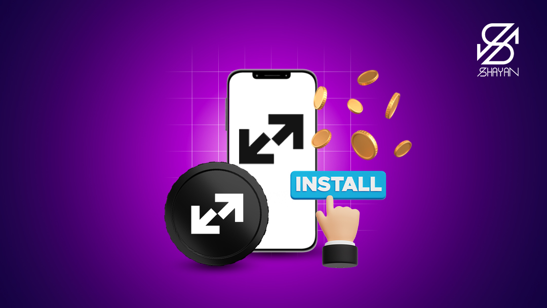 تصویر طراحی شده لوگوی صرافی صرافکس روی صفحه موبایل و دستی که روی دکمه نصب کلیک می‌کند و سکه‌های ارز دیجیتال در پس زمینه 